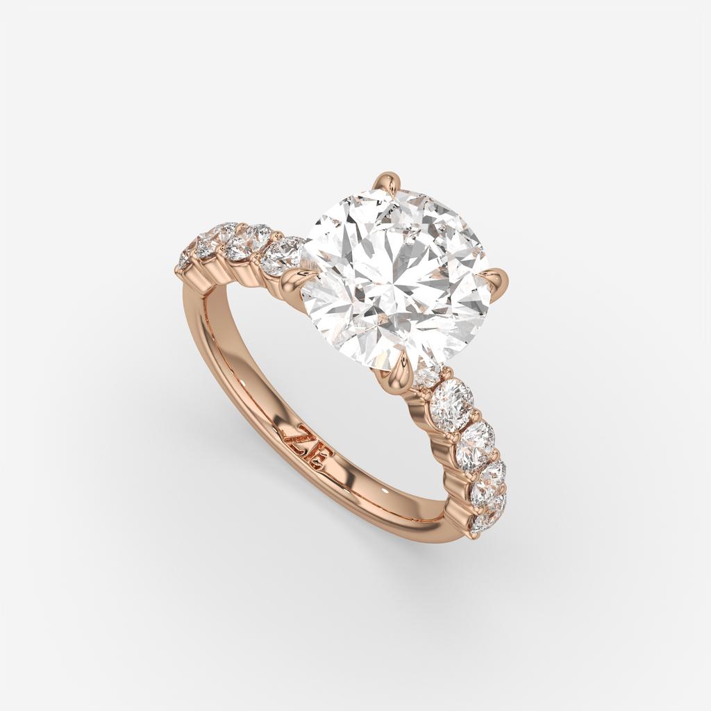 4.80 Ct E VS1 Round Lab Grown Diamond Side Stone Engagement Ring, in rose gold, front view