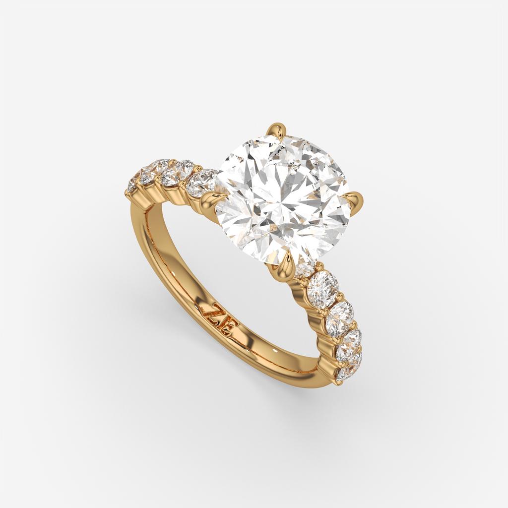 4.80 Ct E VS1 Round Lab Grown Diamond Side Stone Engagement Ring, in yellow gold, front view