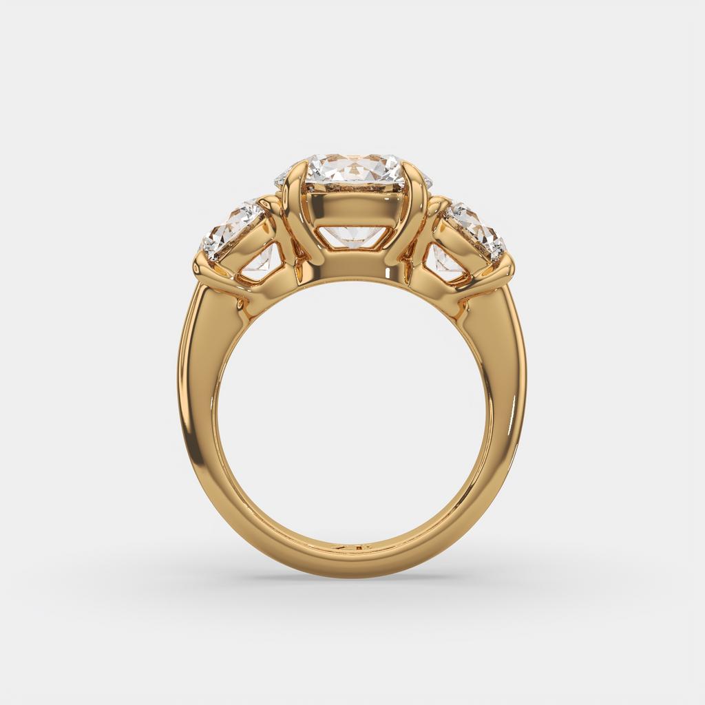 5.00 Ct E VS1 Round Diamond Three Stone Ring, in yellow gold, front view