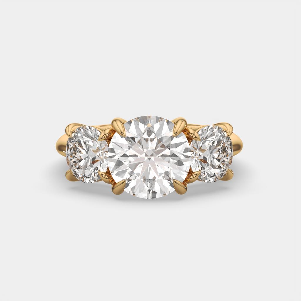 5.00 Ct E VS1 Round Diamond Three Stone Ring, in yellow gold, front view