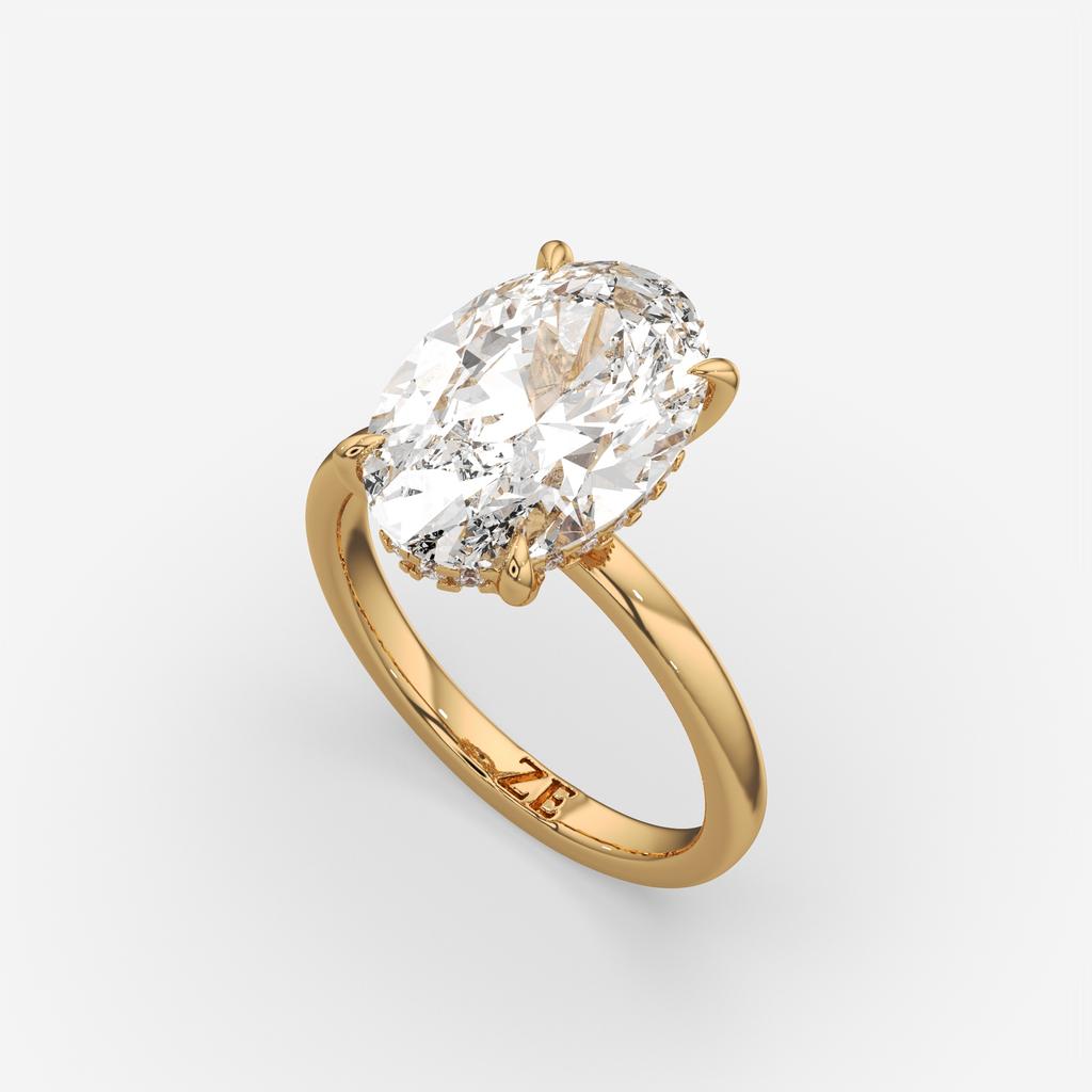 5.15 Ct E VS1 Oval Lab Grown Diamond Halo Ring, in yellow gold, front view
