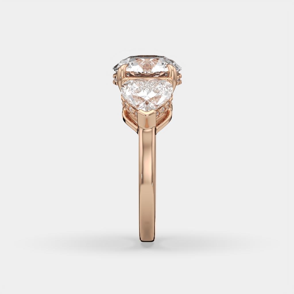 5.20 Ct D VS1 Round Three Stone Ring With Heart Shape Accents and Halo, in rose gold, side profile