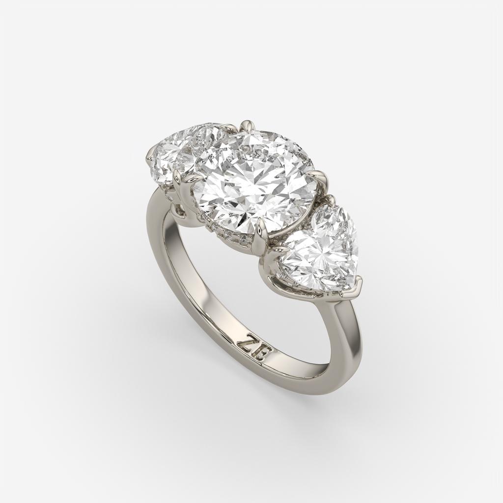 5.20 Ct D VS1 Round Three Stone Ring With Heart Shape Accents and Halo, in white gold, front view