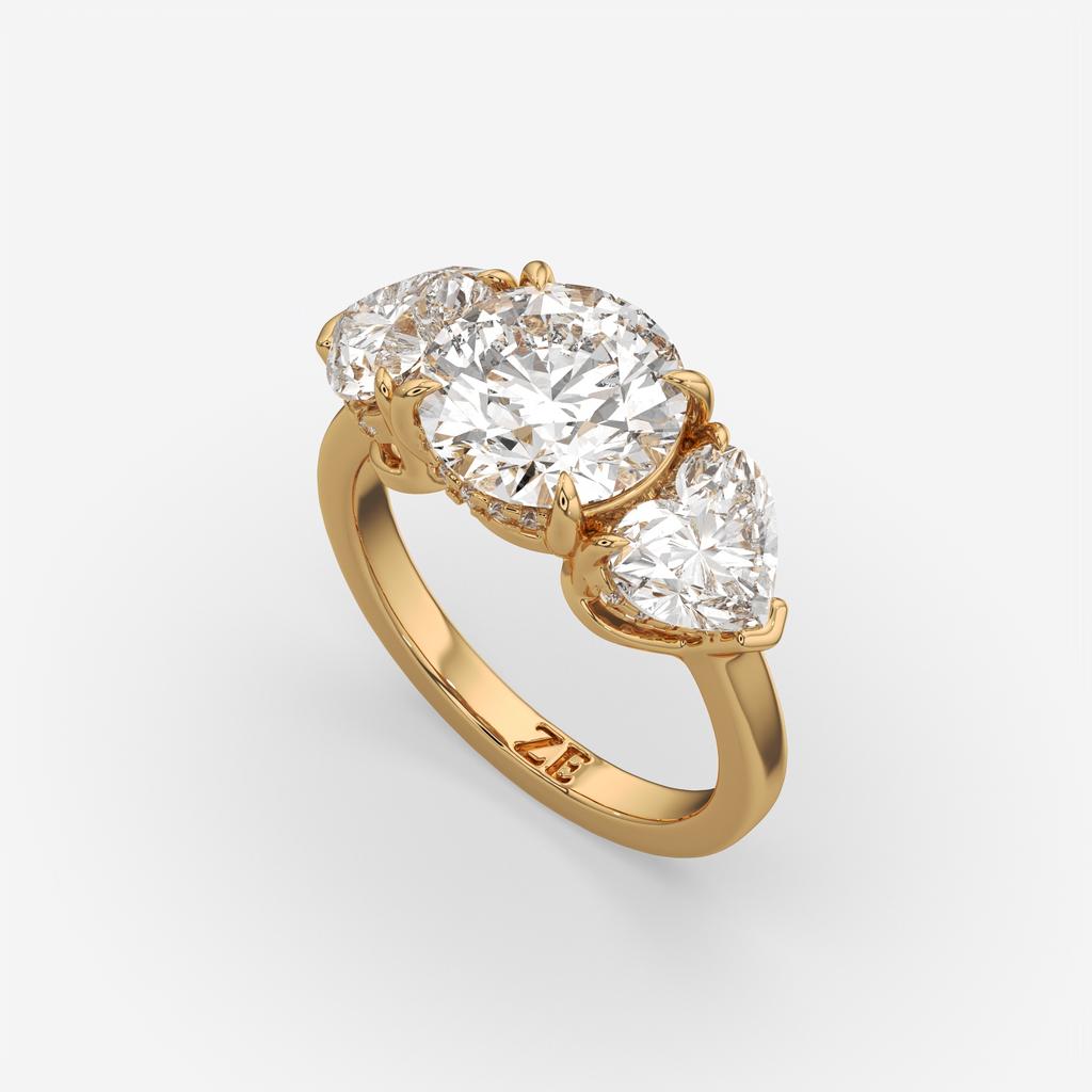 5.20 Ct D VS1 Round Three Stone Ring With Heart Shape Accents and Halo, in yellow gold, front view