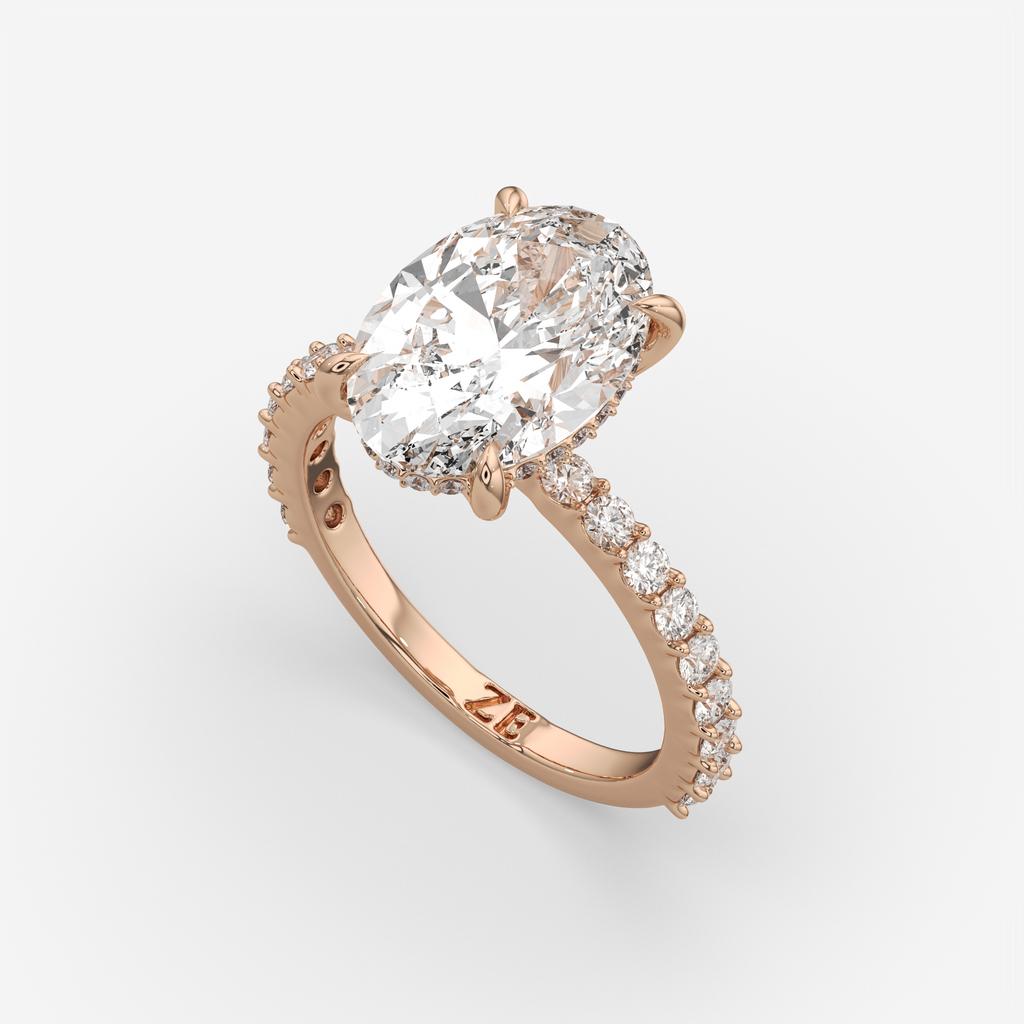5.70 Ct E VS1 Oval Lab Grown Diamond Halo Ring, in rose gold, front view