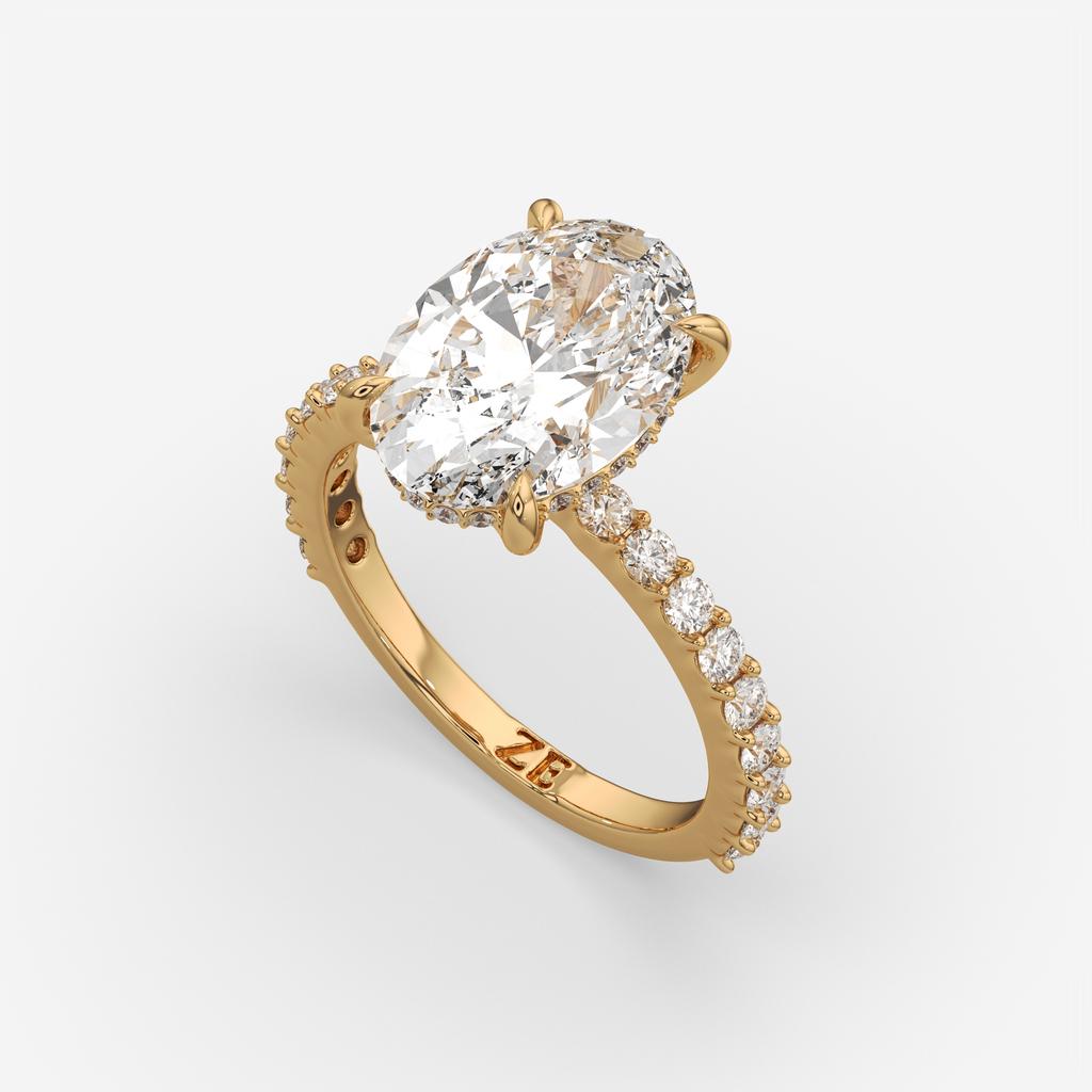 5.70 Ct E VS1 Oval Lab Grown Diamond Halo Ring, in yellow gold, front view