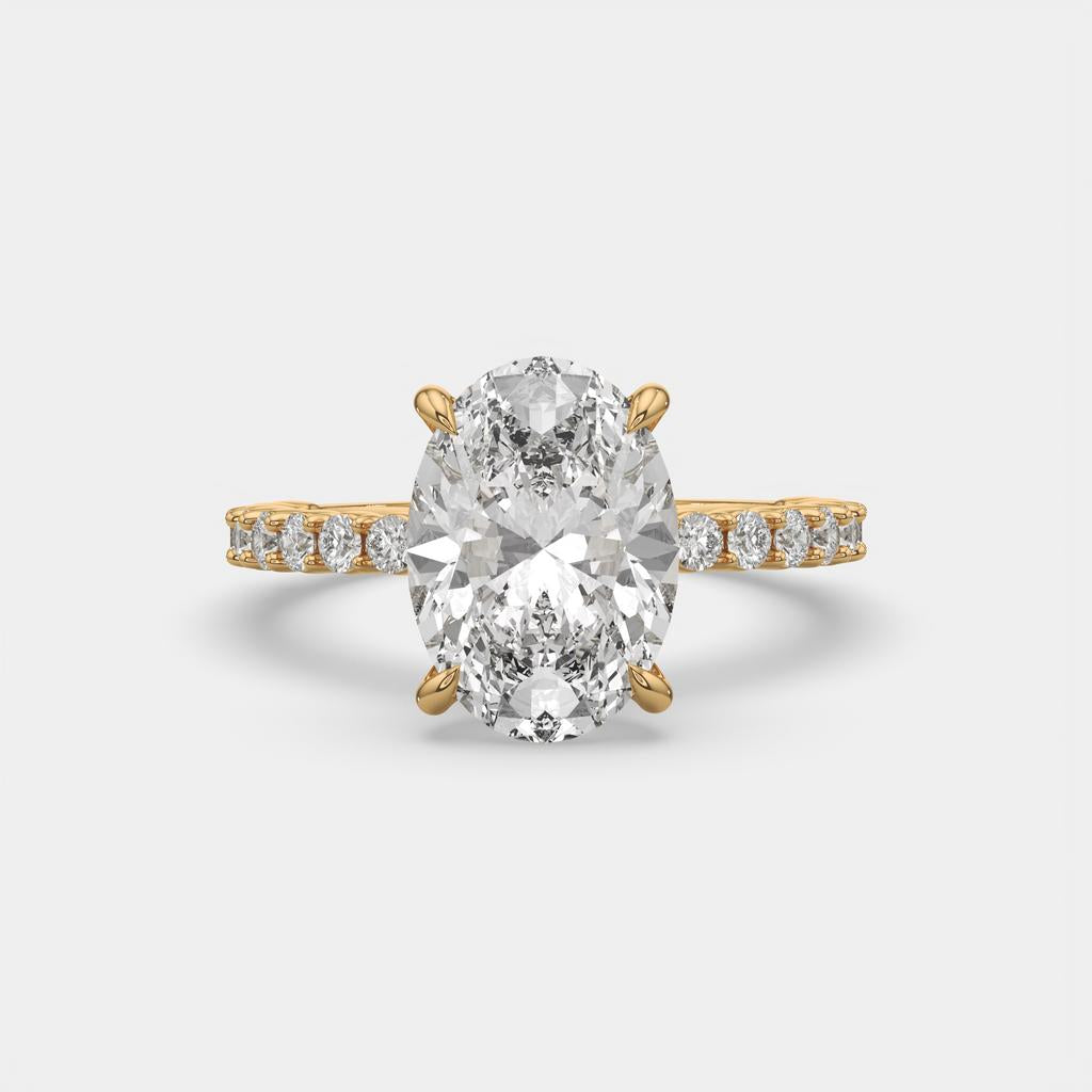 5.70 Ct E VS1 Oval Lab Grown Diamond Halo Ring, in yellow gold, front view