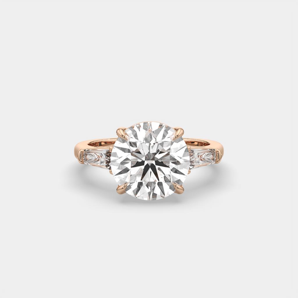 5.70 Ct E Color VS1 Round Diamond Three Stone Ring With Tapered Baguettes, in rose gold, front view