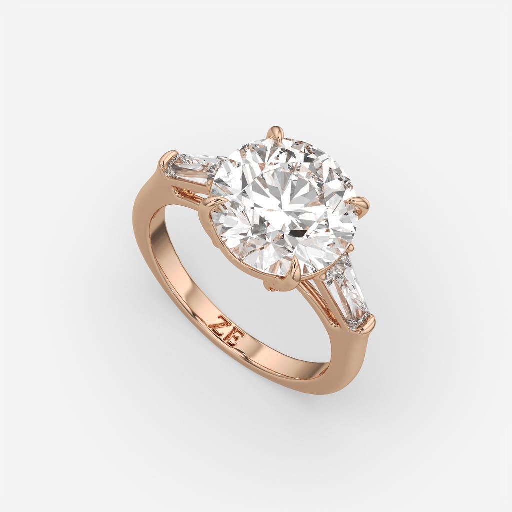 5.70 Ct E Color VS1 Round Diamond Three Stone Ring With Tapered Baguettes, in rose gold, front view