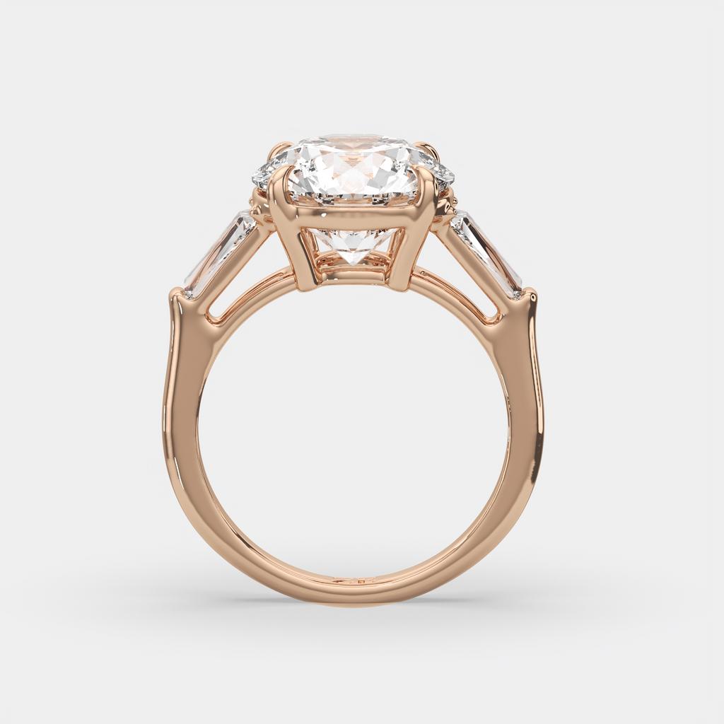 5.70 Ct E Color VS1 Round Diamond Three Stone Ring With Tapered Baguettes, in rose gold, side profile