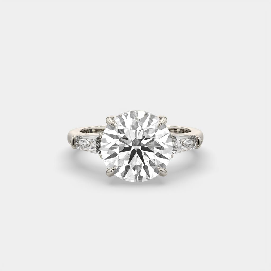 5.70 Ct E Color VS1 Round Diamond Three Stone Ring With Tapered Baguettes, in white gold, front view