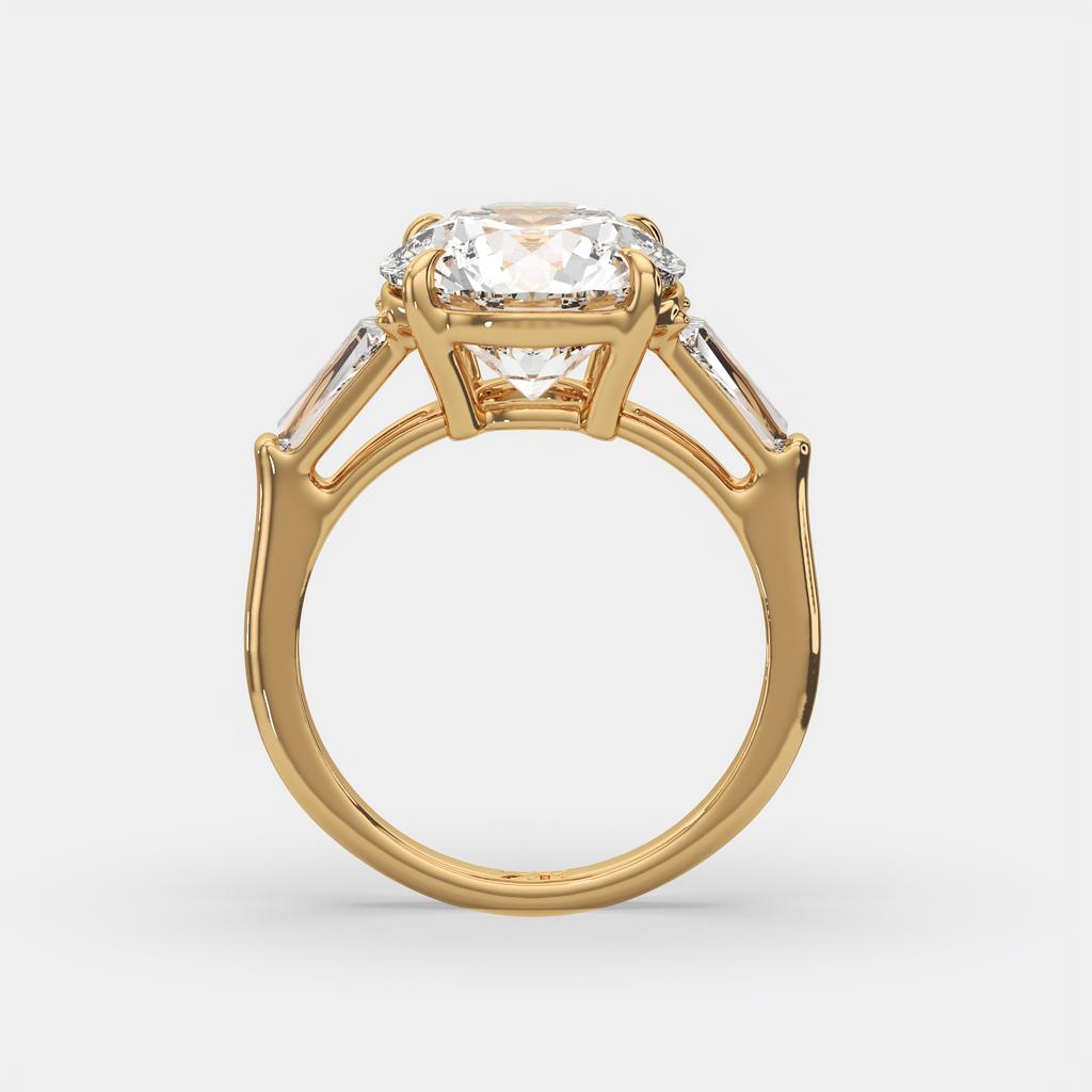 5.70 Ct E Color VS1 Round Diamond Three Stone Ring With Tapered Baguettes, in yellow gold, side profile