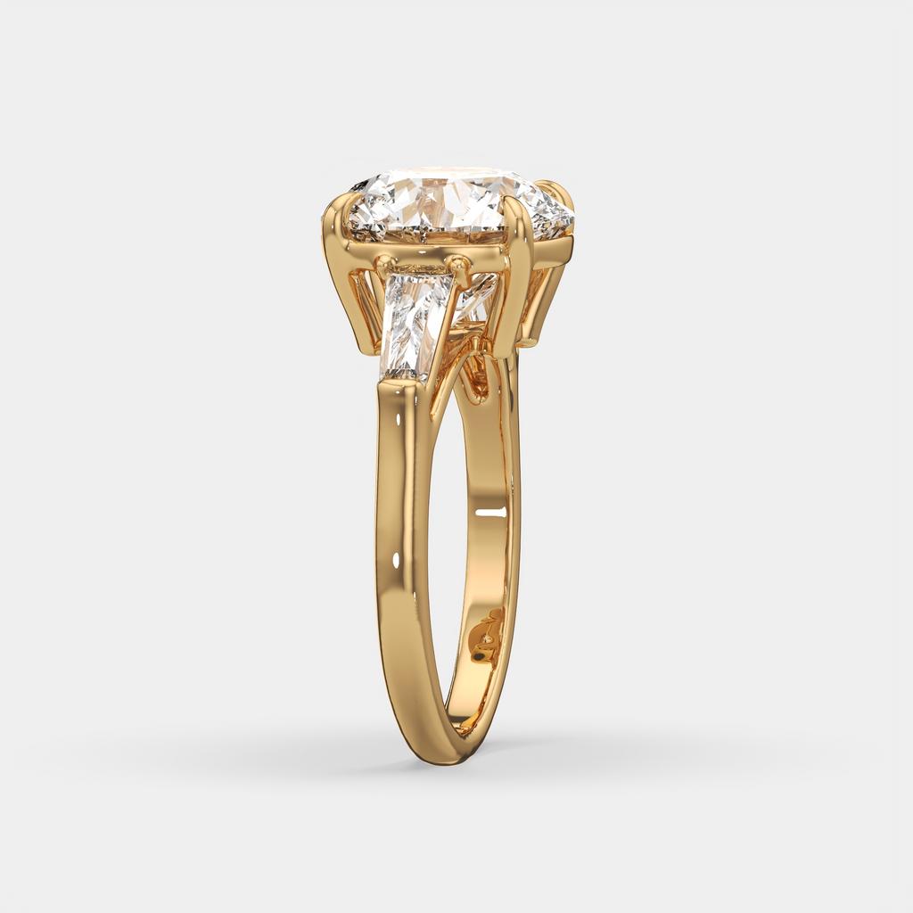5.70 Ct E Color VS1 Round Diamond Three Stone Ring With Tapered Baguettes, in yellow gold, side profile