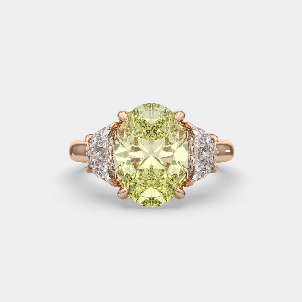 5.70 Ct Fancy Intense Yellow Oval Diamond Three Stone Ring With Half Moon Accents, in rose gold, front view