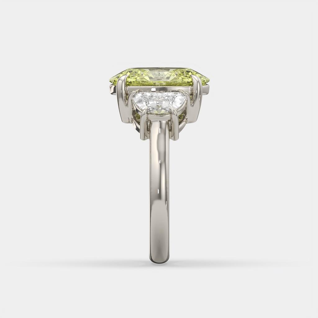 5.70 Ct Fancy Intense Yellow Oval Diamond Three Stone Ring With Half Moon Accents, in white gold, side profile