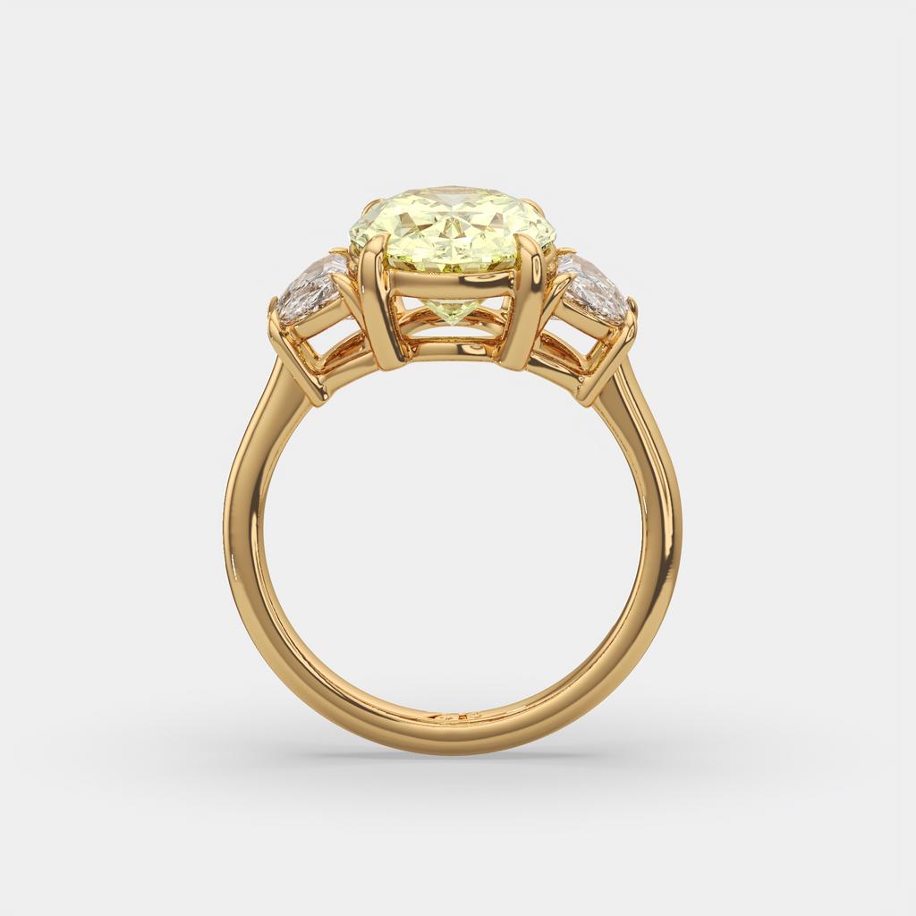 5.70 Ct Fancy Intense Yellow Oval Diamond Three Stone Ring With Half Moon Accents, in yellow gold, side profile
