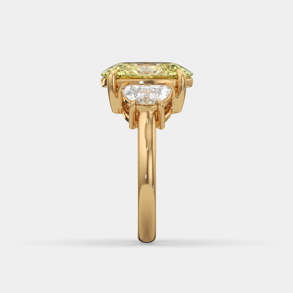 5.70 Ct Fancy Intense Yellow Oval Diamond Three Stone Ring With Half Moon Accents, in yellow gold, side profile