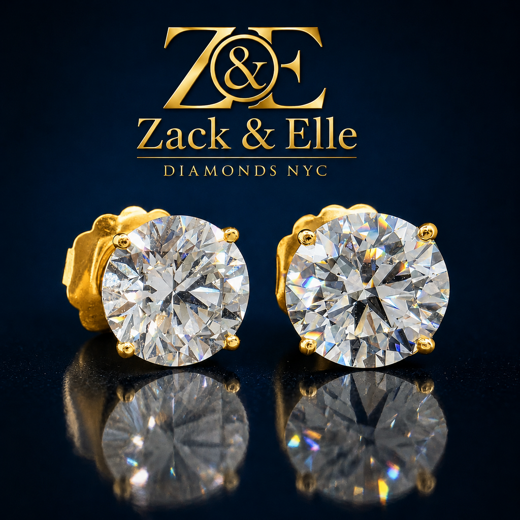 6.00 Ct D VS1 Round Lab Grown Diamond Basket Studs with Jumbo Backs, in yellow gold, front view