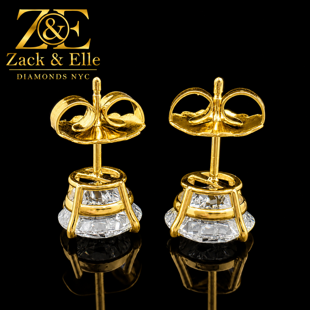 6.00 Ct D VS1 Round Lab Grown Diamond Basket Studs with Jumbo Backs, in yellow gold, side profile