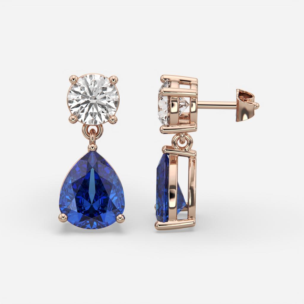 6.00 Ct Blue Sapphire and Lab-Grown Diamond Drop Earrings, in rose gold, front view