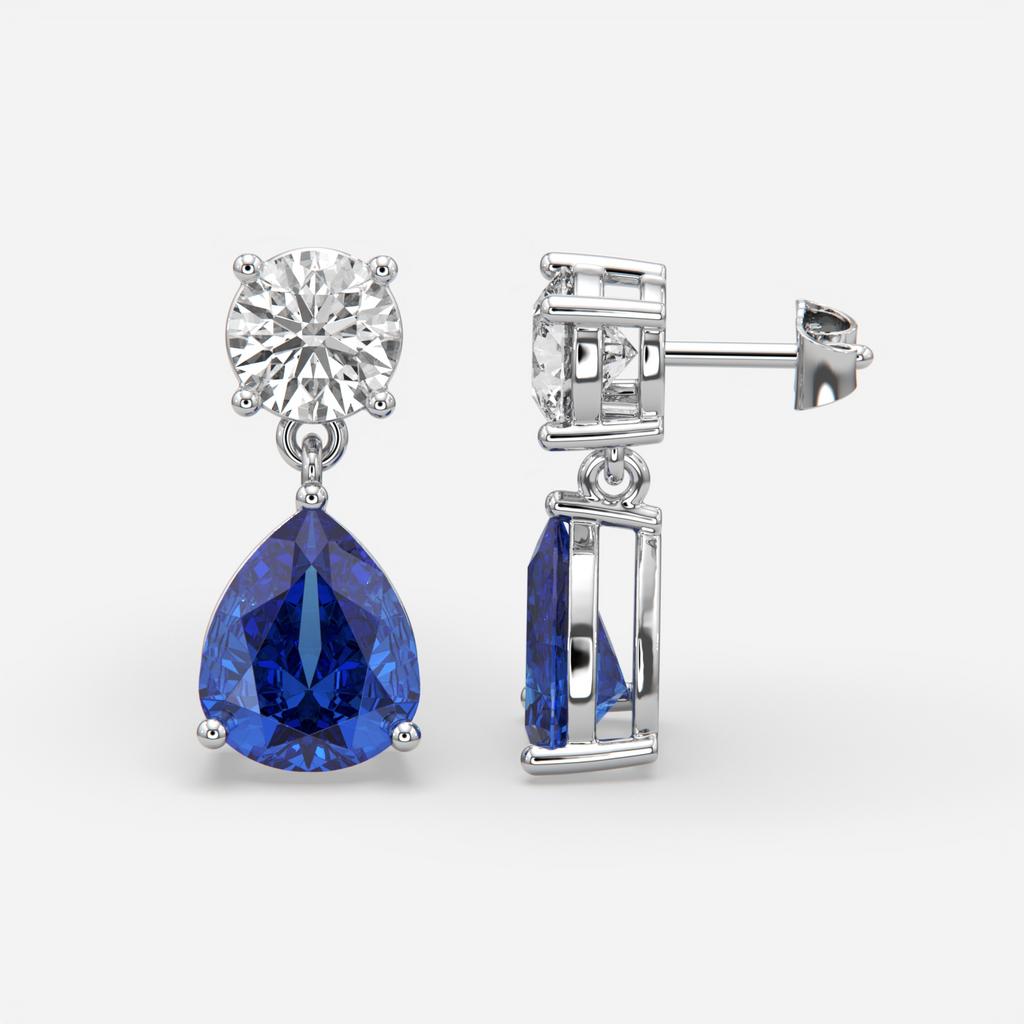 6.00 Ct Blue Sapphire and Lab-Grown Diamond Drop Earrings, in white gold, front view