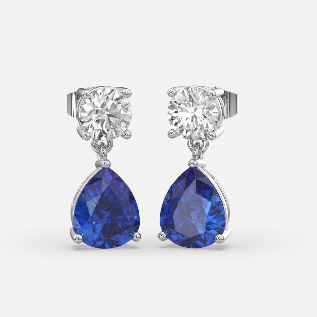6.00 Ct Blue Sapphire and Lab-Grown Diamond Drop Earrings, in white gold, front view