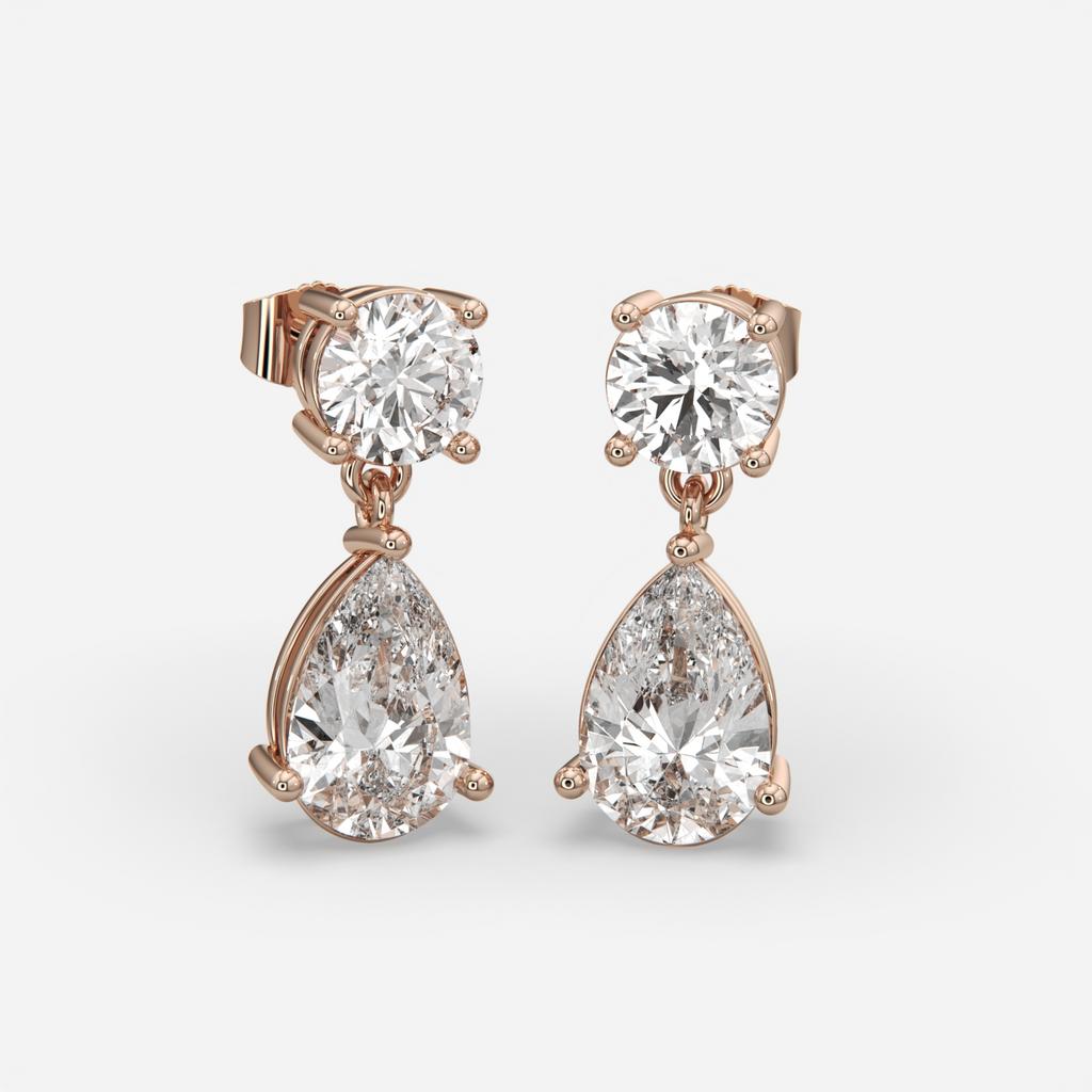 6.00 Ct D VS1 Round & Pear Lab-Grown Diamond Drop Earrings, in rose gold, front view
