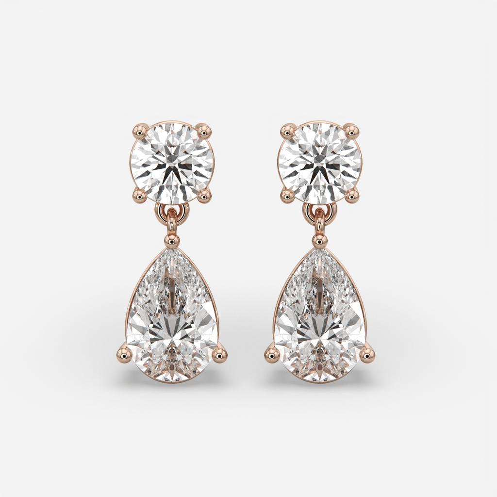 6.00 Ct D VS1 Round & Pear Lab-Grown Diamond Drop Earrings, in rose gold, front view