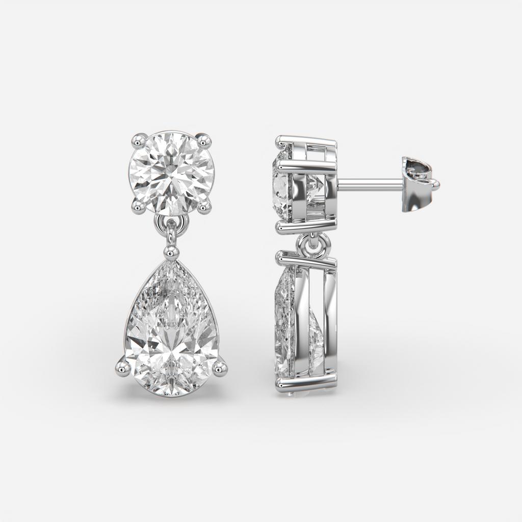 6.00 Ct D VS1 Round & Pear Lab-Grown Diamond Drop Earrings, in white gold, front view