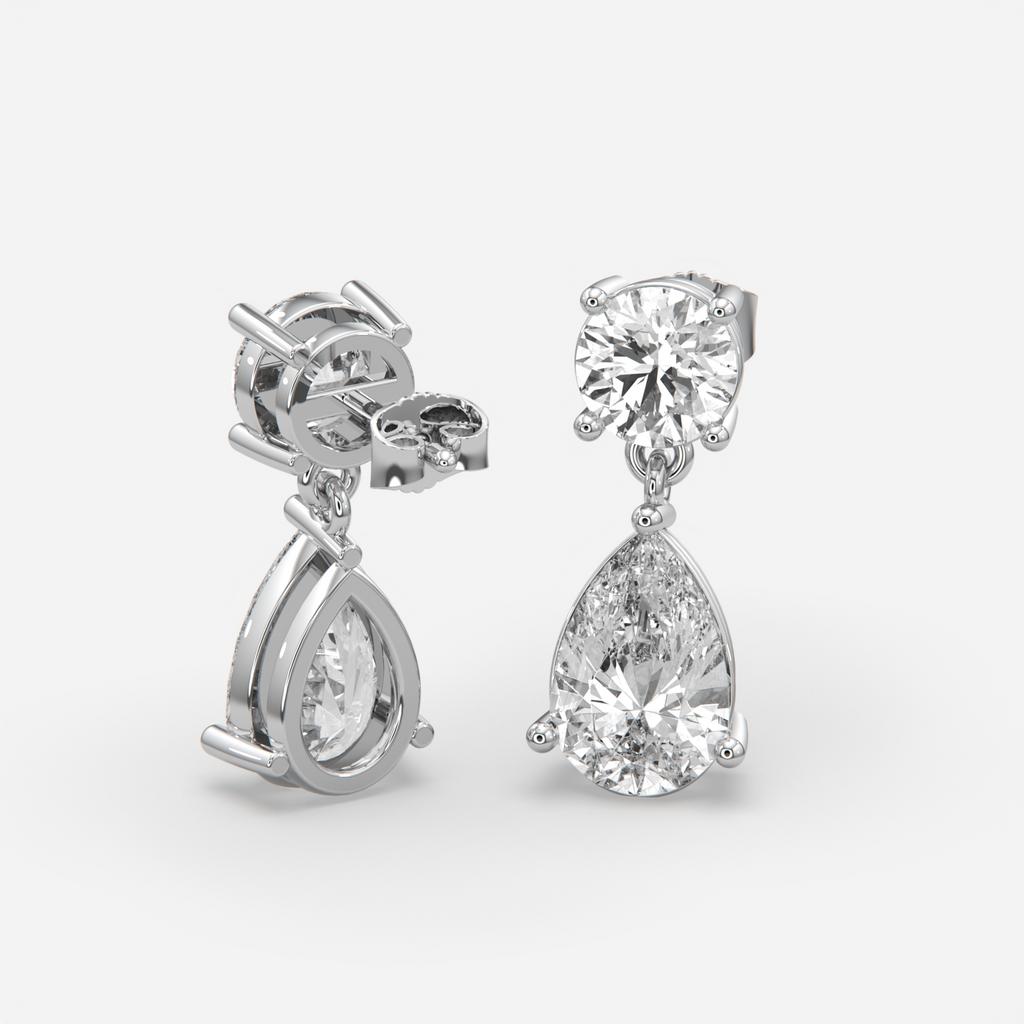 6.00 Ct D VS1 Round & Pear Lab-Grown Diamond Drop Earrings, in white gold, side profile