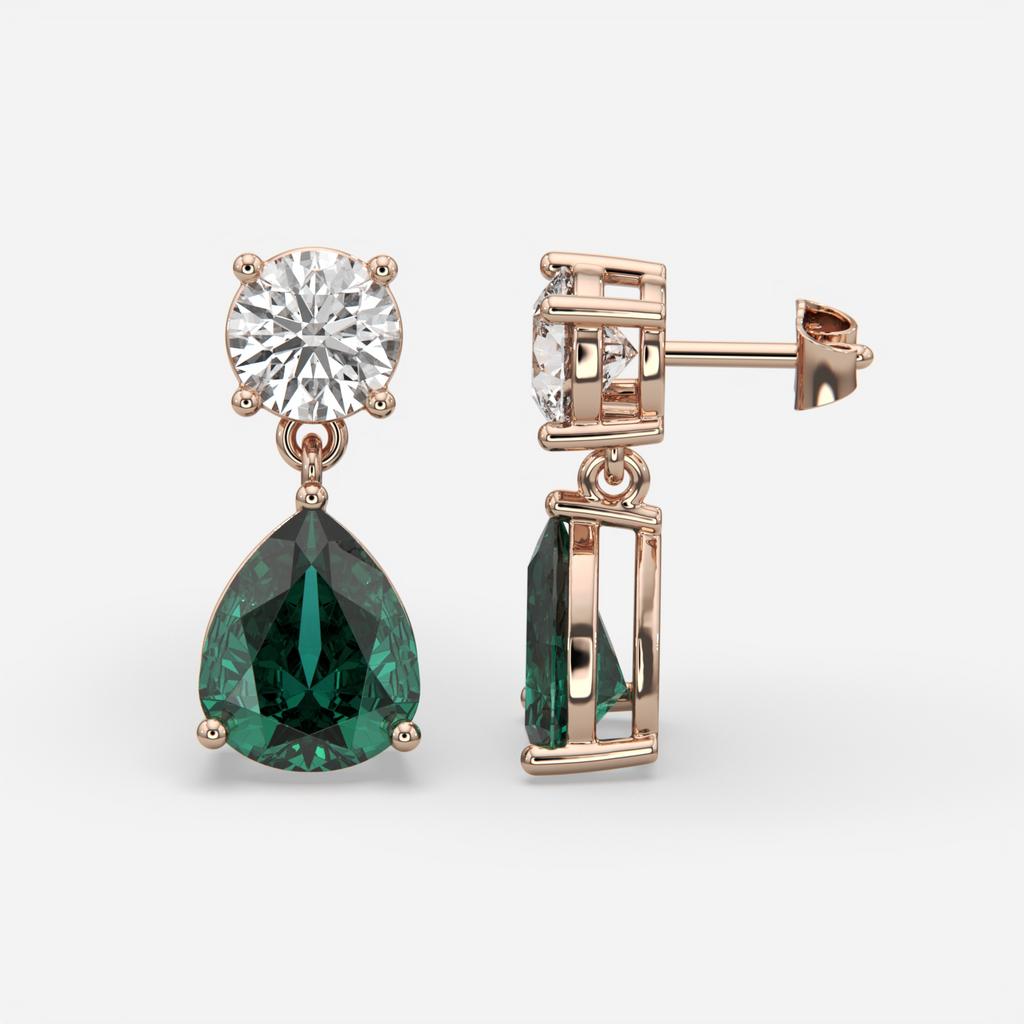 6.00 Ct Pear Emerald Lab-Grown Diamond Drop Earrings, in rose gold, front view