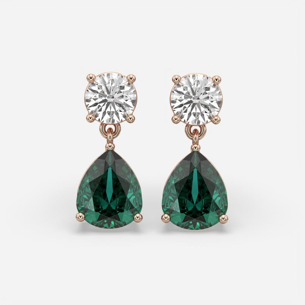 6.00 Ct Pear Emerald Lab-Grown Diamond Drop Earrings, in rose gold, front view