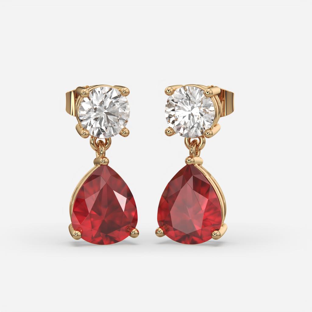 6.00 Ct Pear Ruby Lab-Grown Diamond Drop Earrings, in yellow gold, front view
