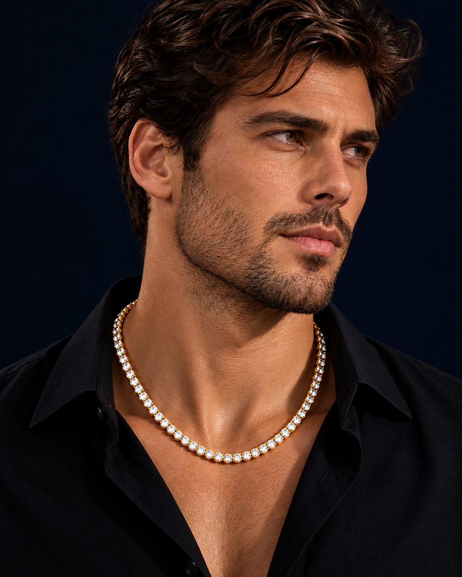 63.00 Ct D VS1 Round Lab-Grown Diamond Men's Tennis Necklace, in yellow gold, front view