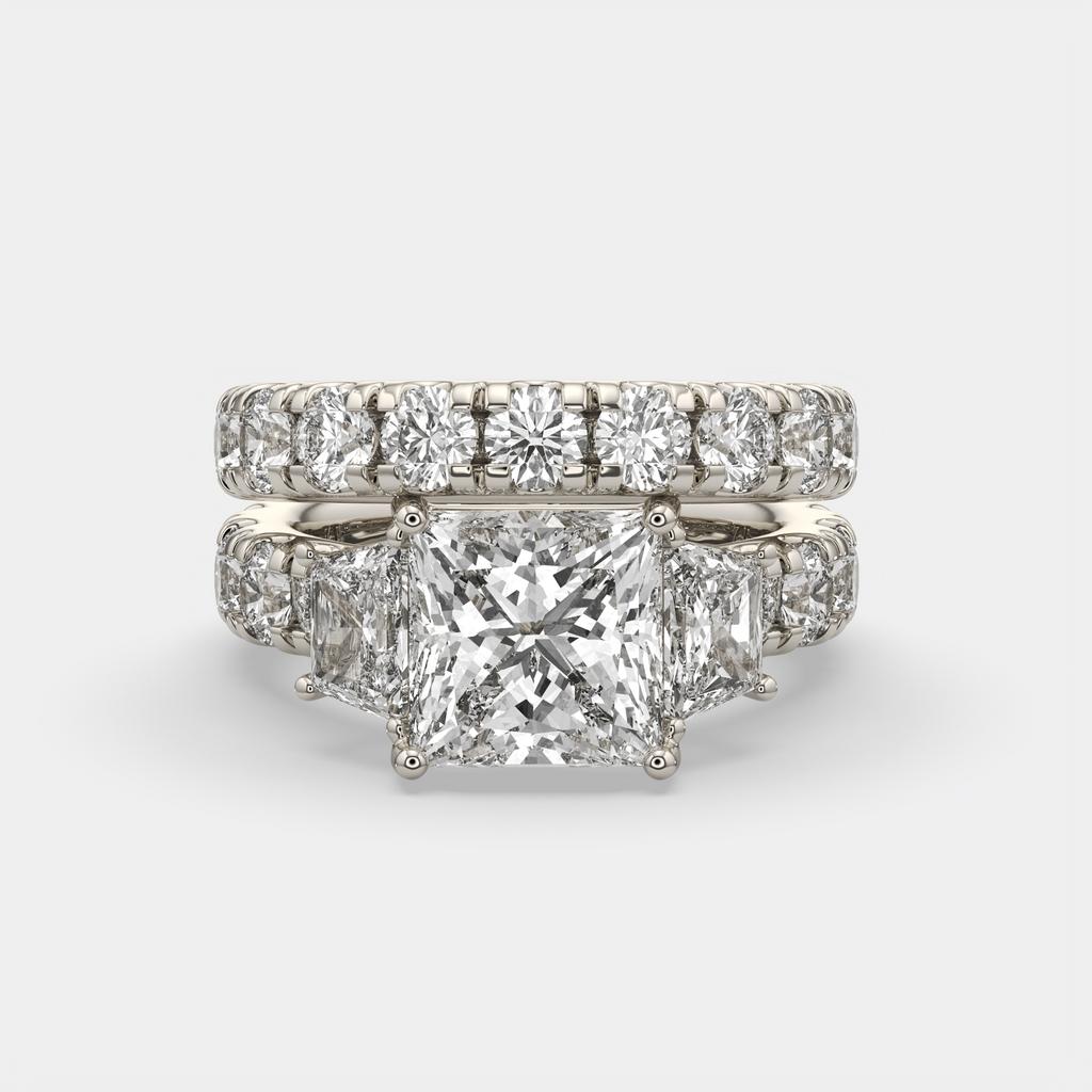 6.50 Ct E VS1 Princess Cut Lab-Grown Diamond Engagement Ring with Matching Band, in white gold, front view