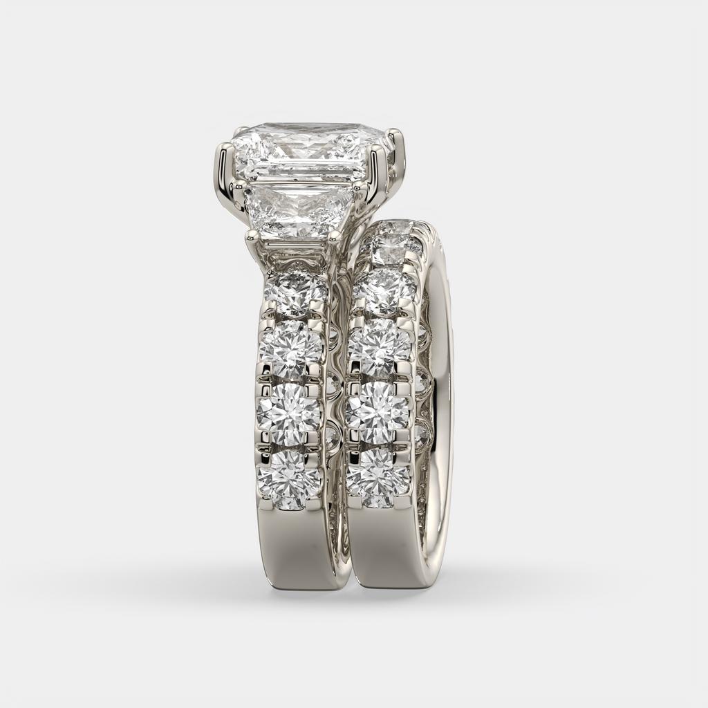 6.50 Ct E VS1 Princess Cut Lab-Grown Diamond Engagement Ring with Matching Band, in white gold, side profile