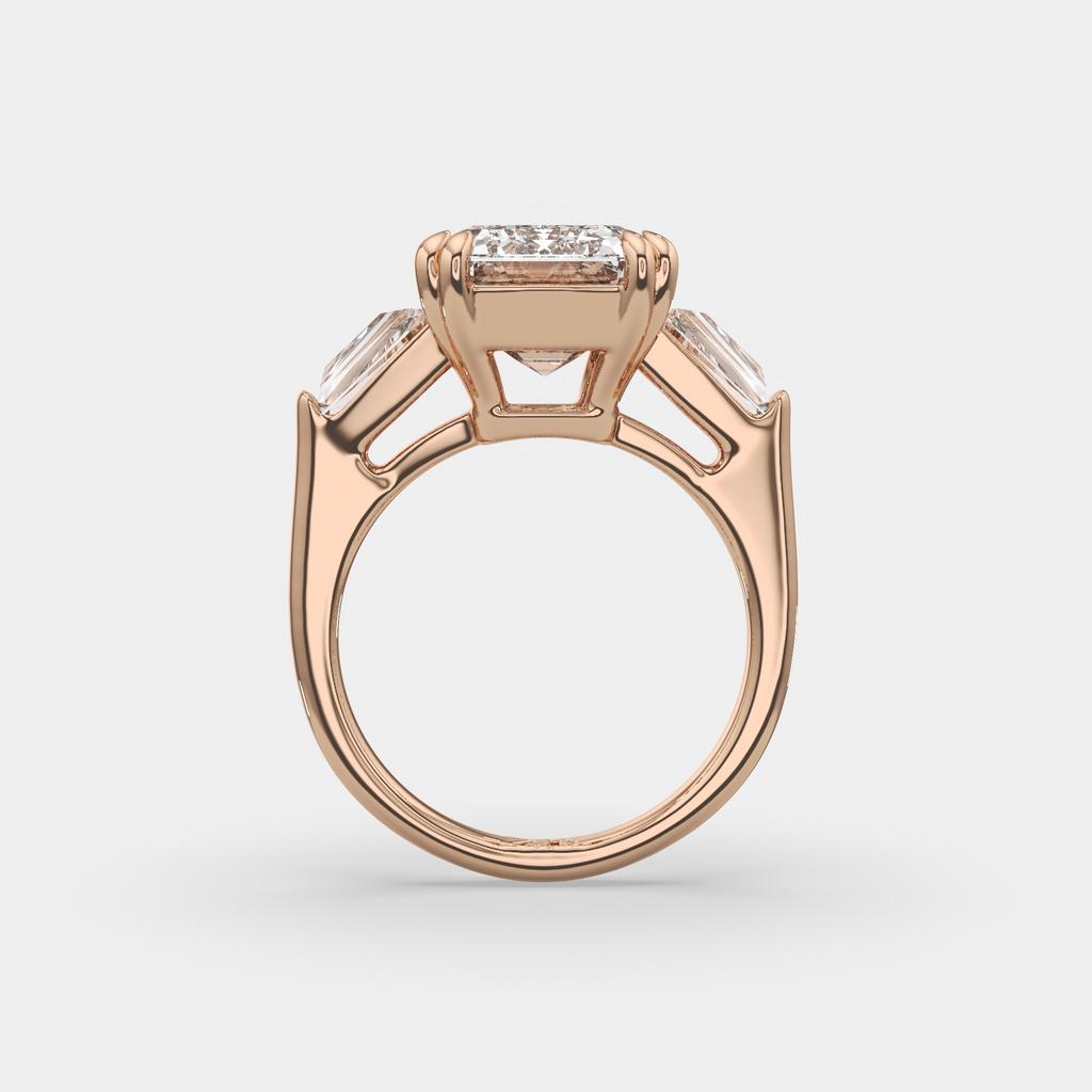 6.70 Ct F VS1 Emerald Cut Three Stone Diamond Ring With Tapered Baguettes, in rose gold, front view