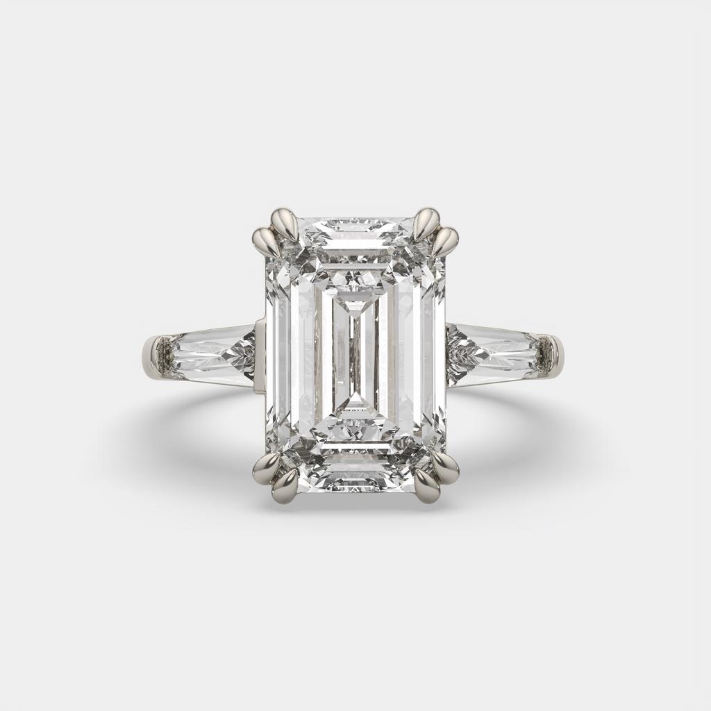 6.70 Ct F VS1 Emerald Cut Three Stone Diamond Ring With Tapered Baguettes, in white gold, front view