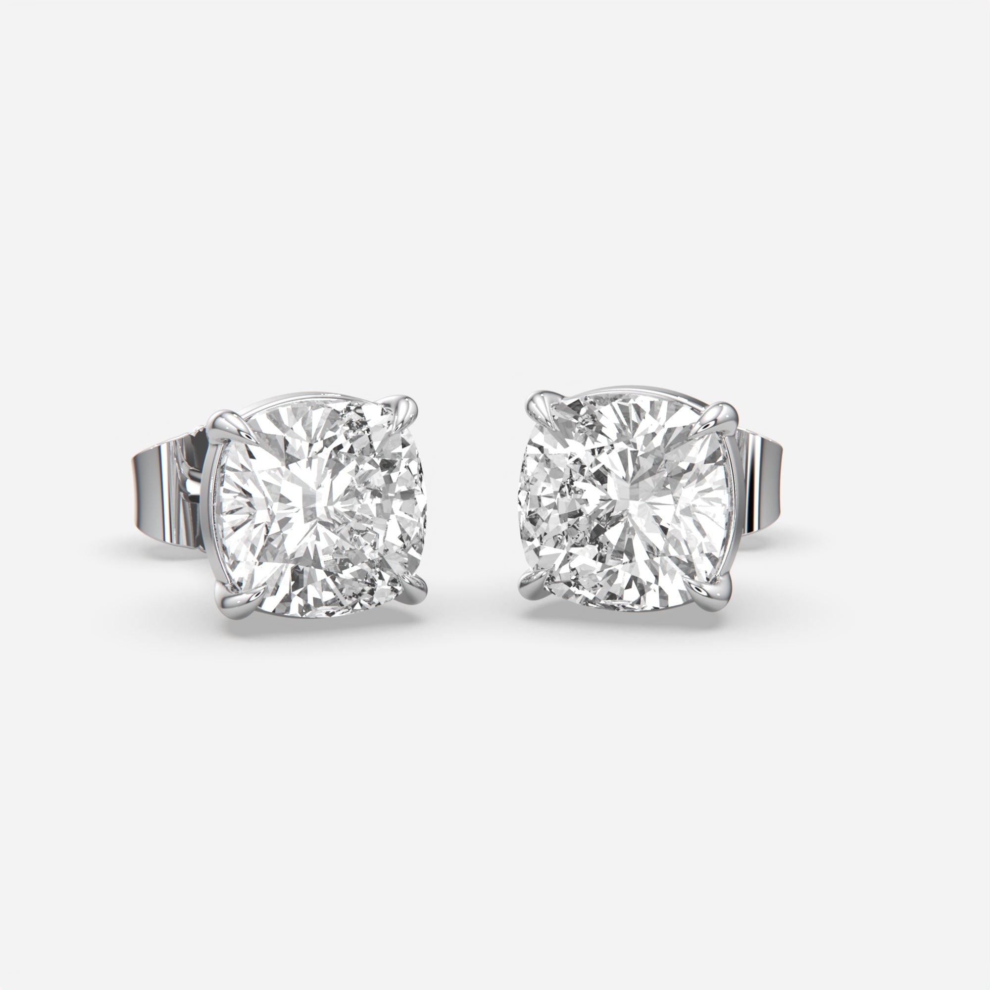 6.00 Ct Cushion Cut Eagle Claw Diamond Studs, eagle claw setting, in 14k white gold, pair, front view (2)
