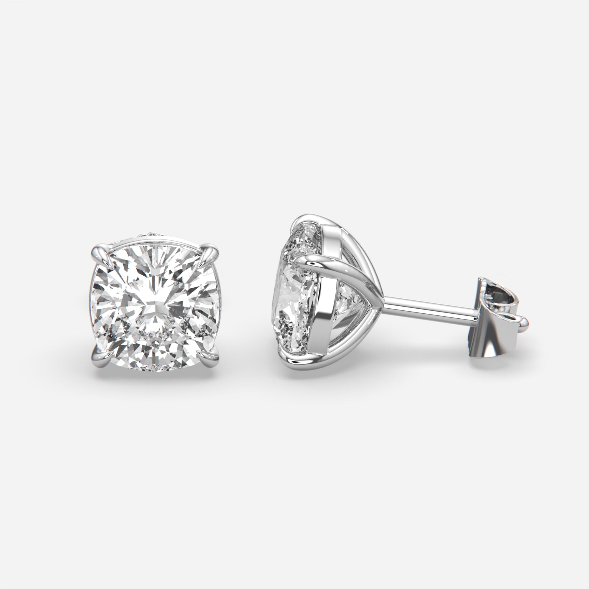 6.00 Ct Cushion Cut Eagle Claw Diamond Studs, eagle claw setting, in 14k white gold, pair, front view