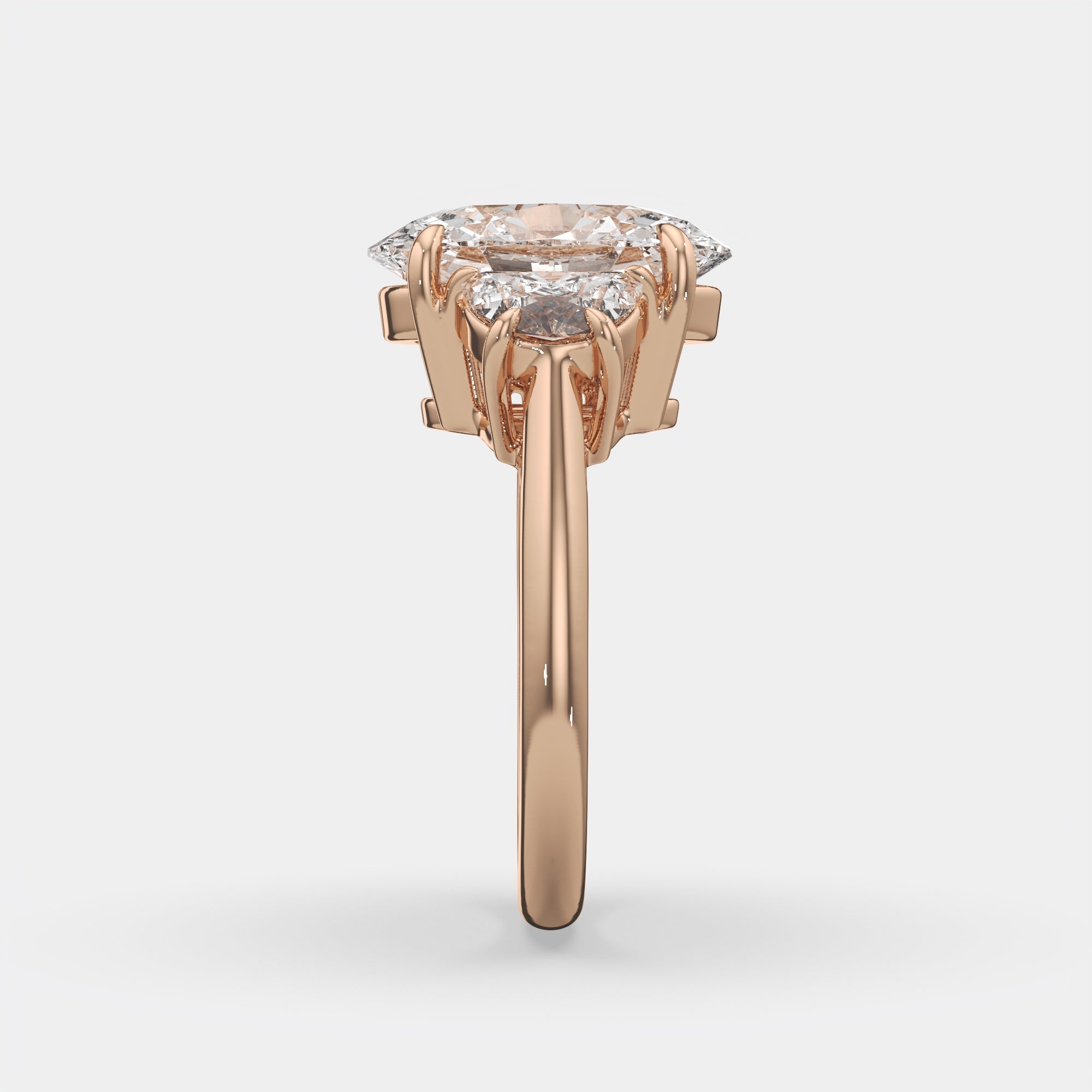 6.00 Ct F VS1 Oval Diamond Engagement Ring with Half Moon Accents, in 14k rose gold, band detail