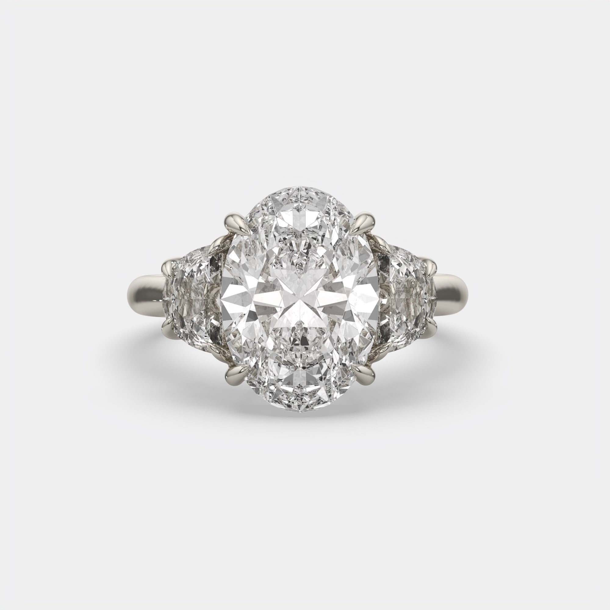 6.00 Ct F VS1 Oval Diamond Engagement Ring with Half Moon Accents, in 14k white gold, front view