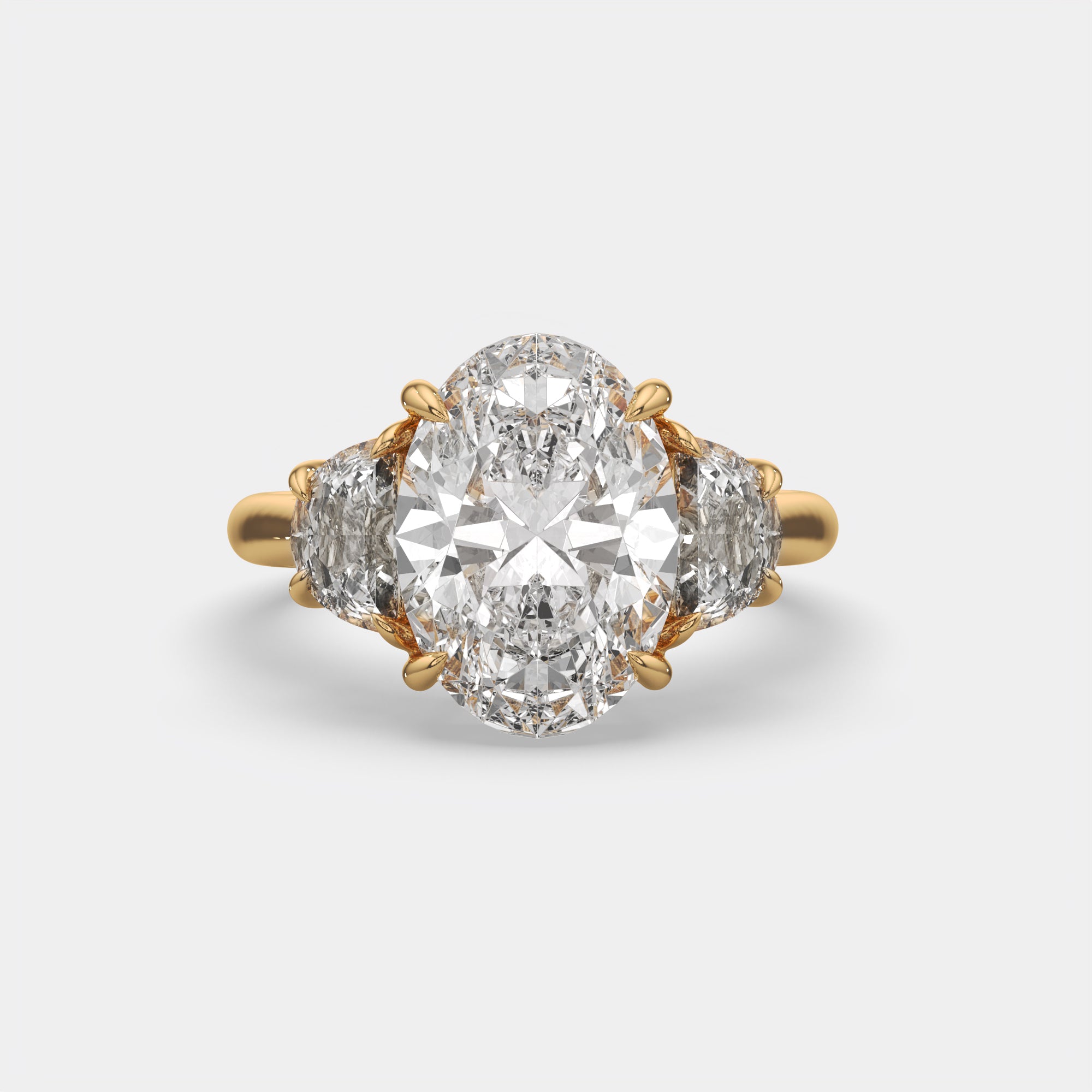 6.00 Ct F VS1 Oval Diamond Engagement Ring with Half Moon Accents, in 14k yellow gold, front view