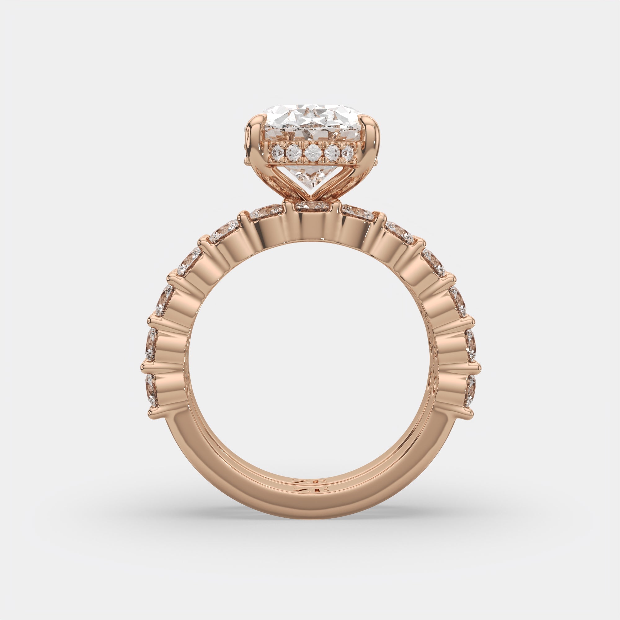 6.00 Ct E VS1 Oval Diamond Halo with Matching Band, in 14k rose gold, engagement ring side profile