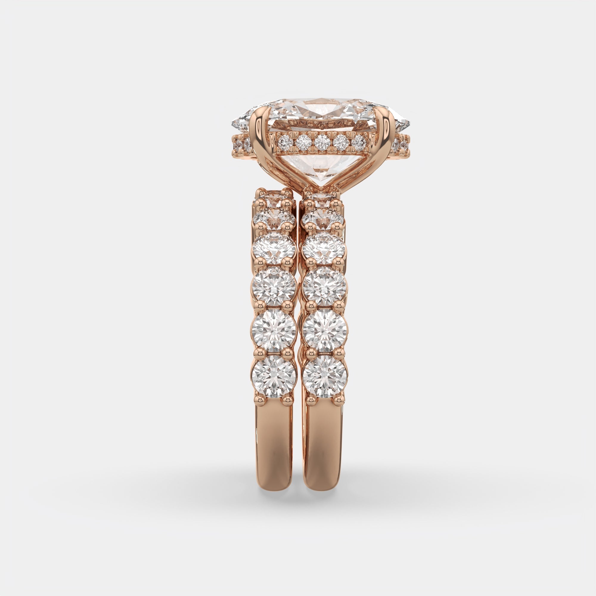 6.00 Ct E VS1 Oval Diamond Halo with Matching Band, in 14k rose gold, engagement ring with matching band, side profile
