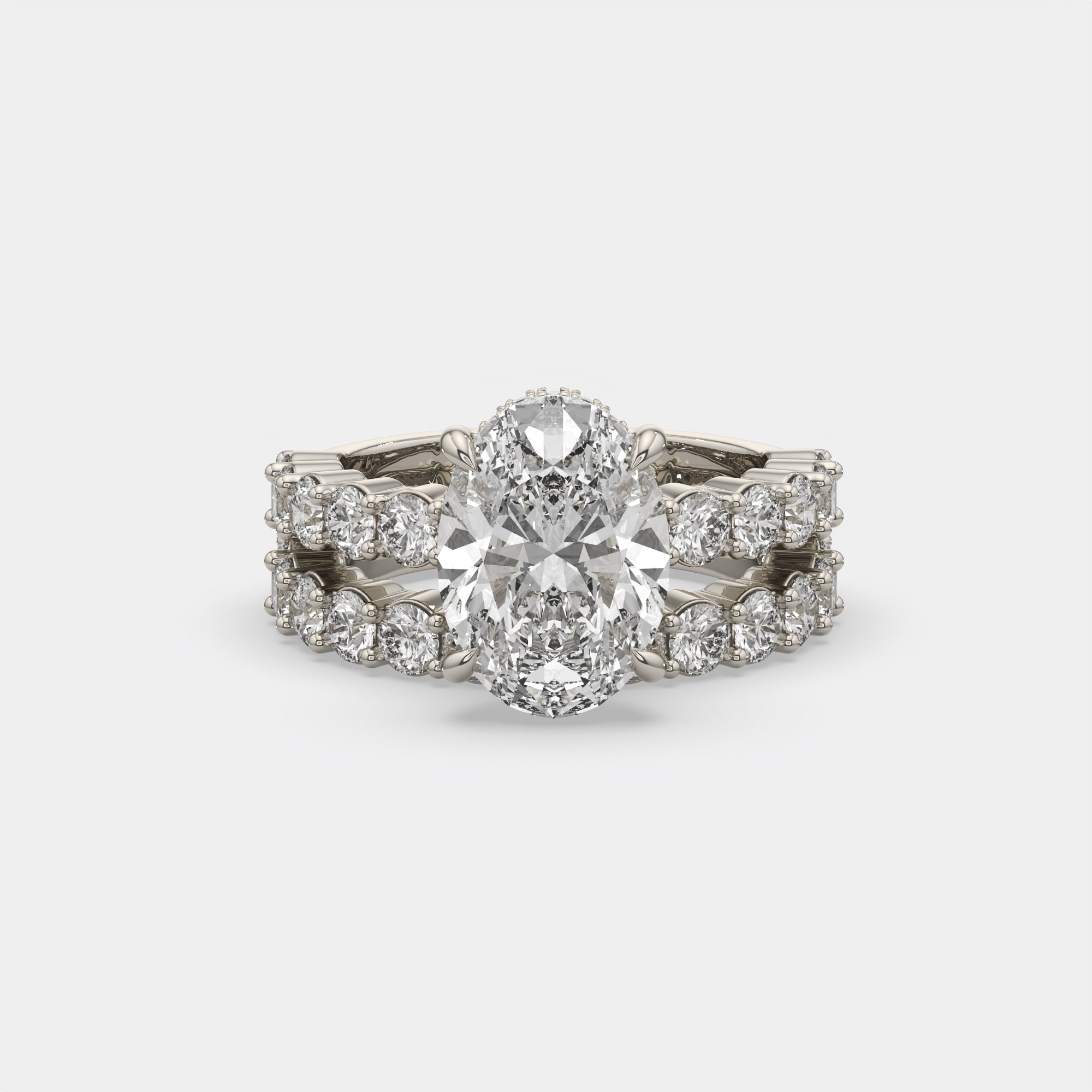 6.00 Ct E VS1 Oval Diamond Halo with Matching Band, in 14k white gold, engagement ring with matching band, front view