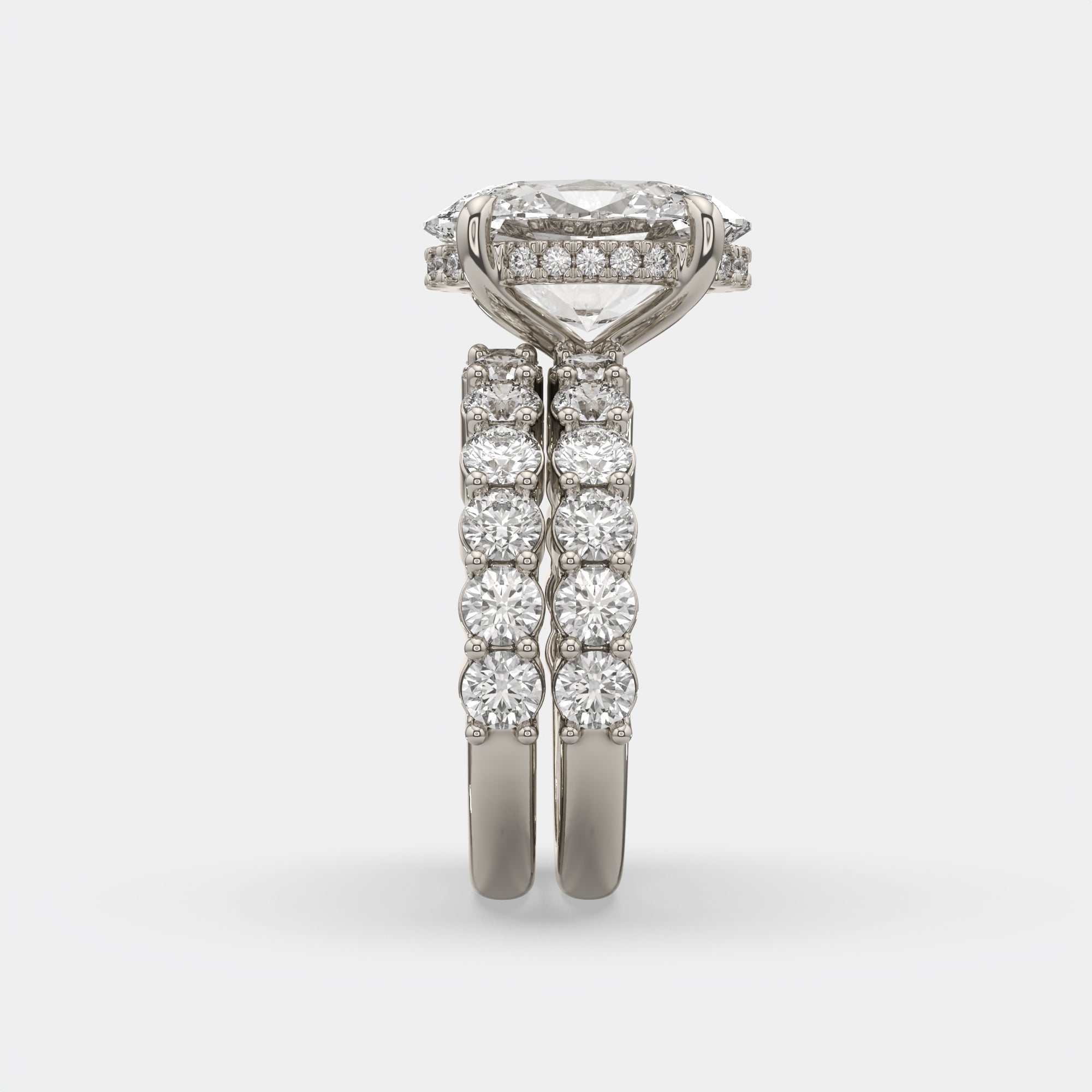 6.00 Ct E VS1 Oval Diamond Halo with Matching Band, in 14k white gold, engagement ring with matching band, side profile