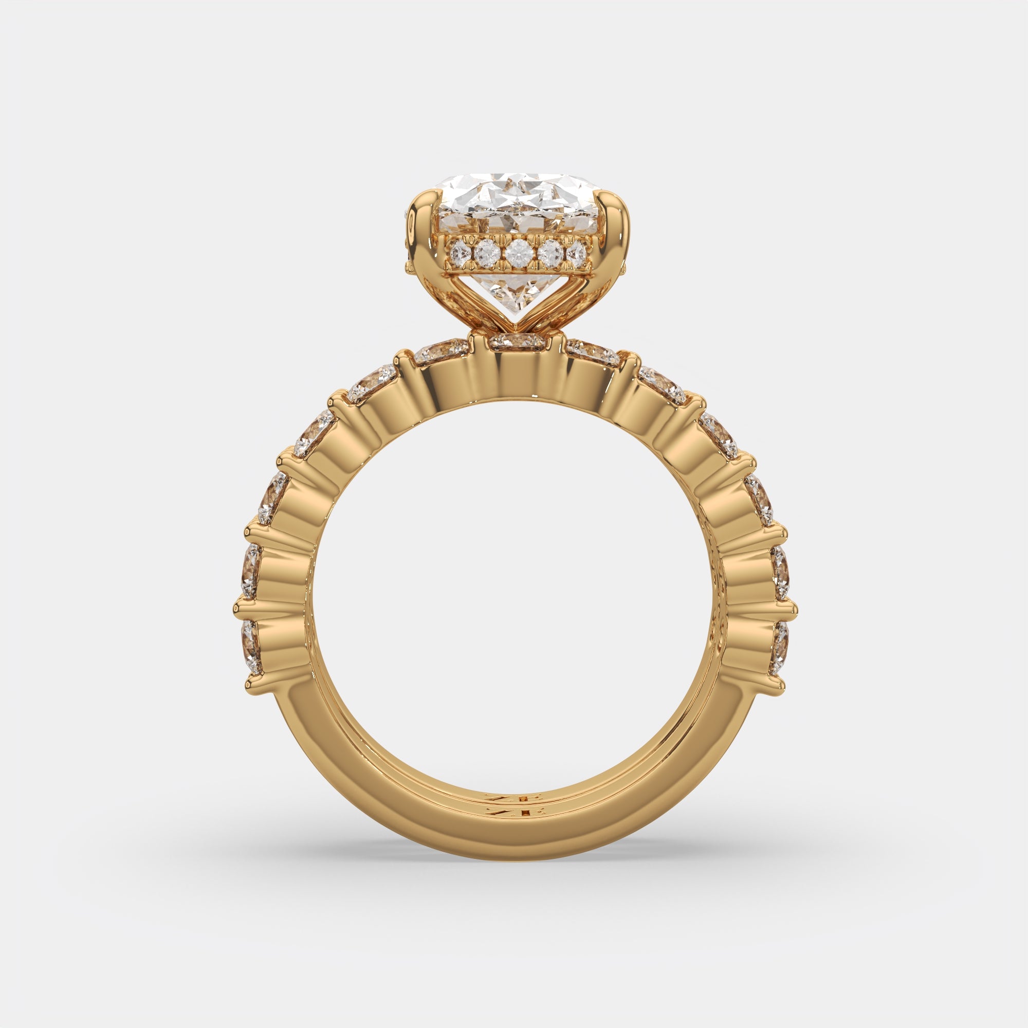 6.00 Ct E VS1 Oval Diamond Halo with Matching Band, in 14k yellow gold, engagement ring side profile