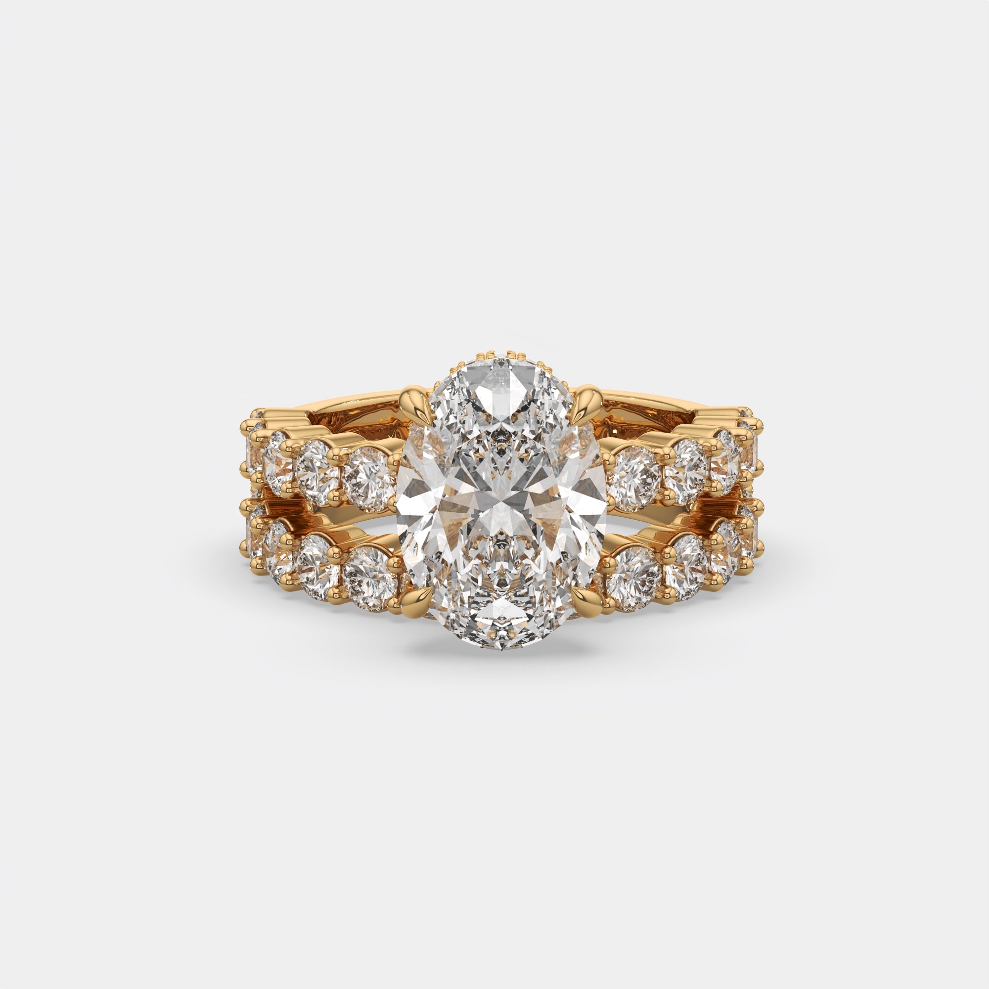 6.00 Ct E VS1 Oval Diamond Halo with Matching Band, in 14k yellow gold, engagement ring with matching band, front view