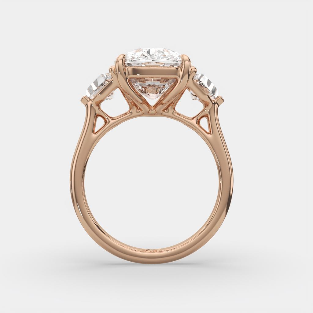 7.00 Ct F VS1 Cushion 3 Stone Ring With Brilliant Cut Trapezoid Accents, in rose gold, side profile